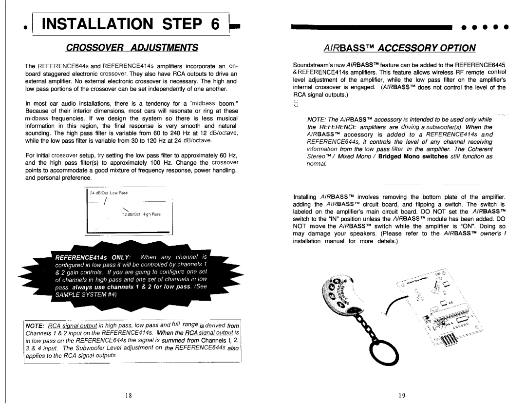 Soundstream Technologies 644s, 414s owner manual Crossover Adjustments, Airbasstm Accessory Opt/On, INSTALLATION k 