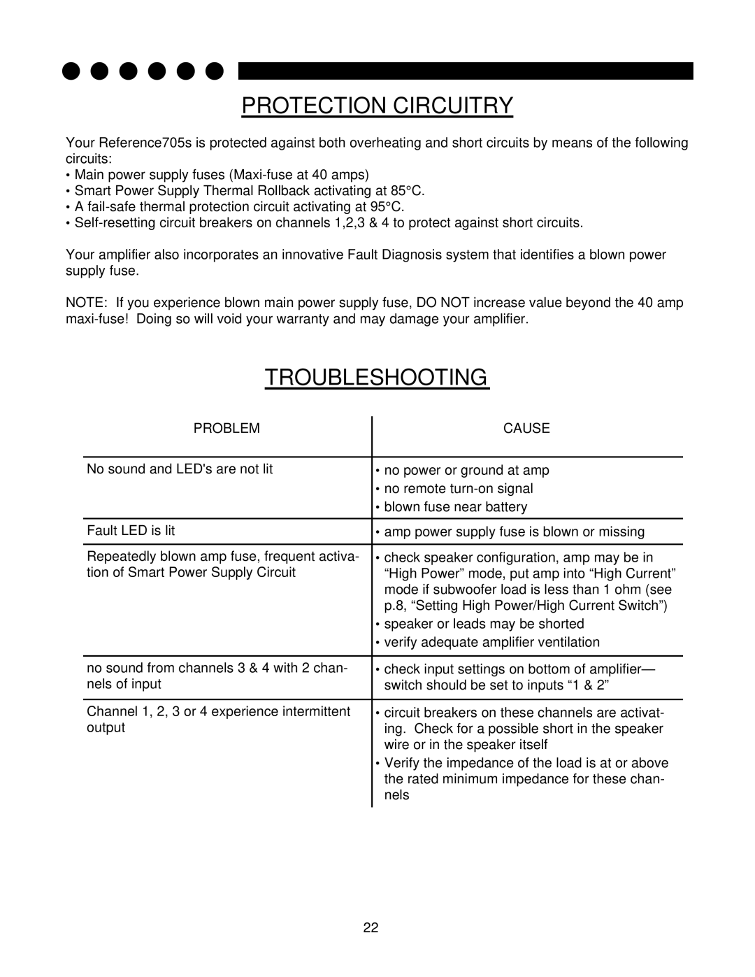 Soundstream Technologies 705s owner manual Protection Circuitry, Troubleshooting 