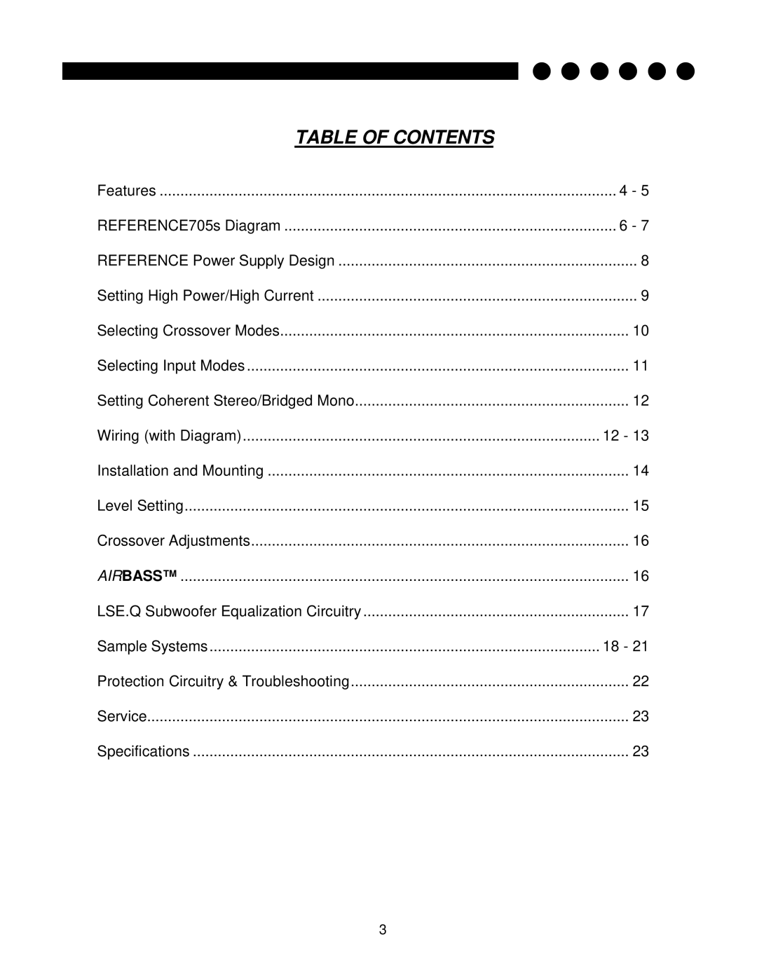 Soundstream Technologies 705s owner manual Table of Contents 