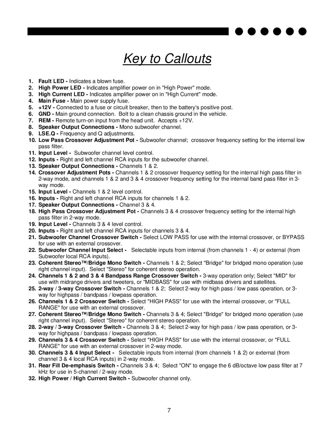 Soundstream Technologies 705s owner manual Key to Callouts 