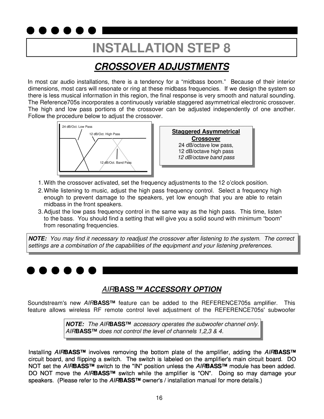 Soundstream Technologies 705s owner manual Crossover Adjustments, Airbass Accessory Option, Installation Step 