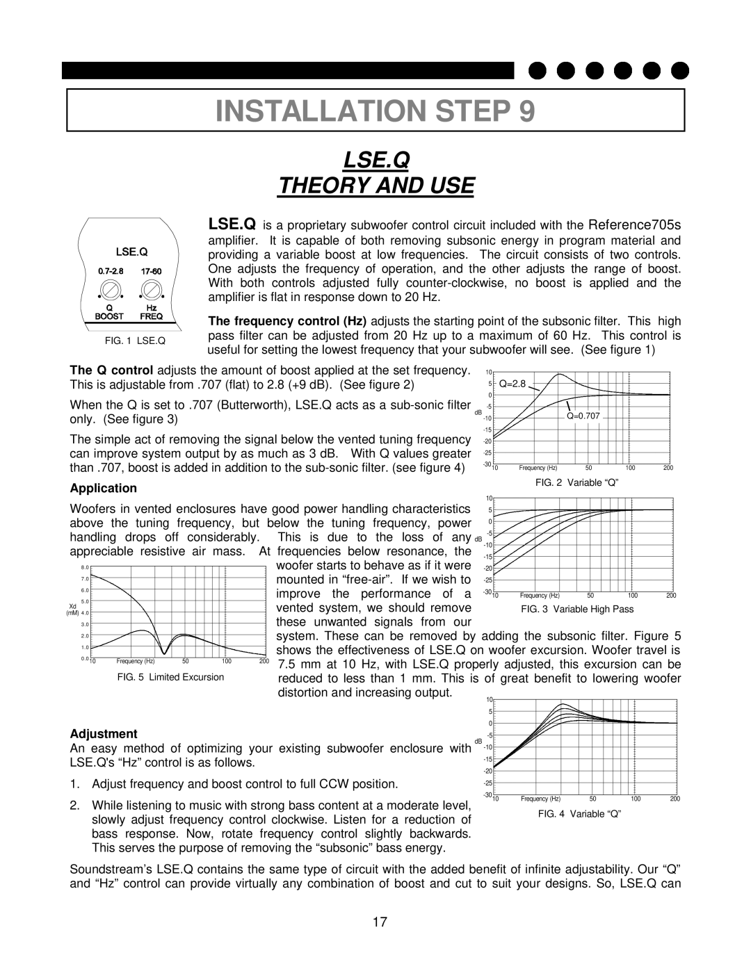 Soundstream Technologies 705s owner manual Lse.Q Theory And Use, Installation Step, Application, Adjustment 