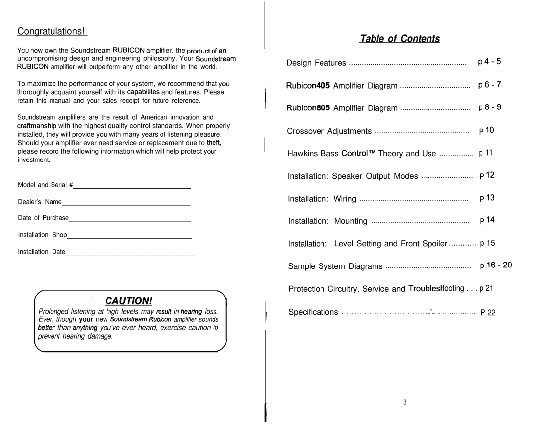 Soundstream Technologies 805, 405 owner manual Table of Contents 