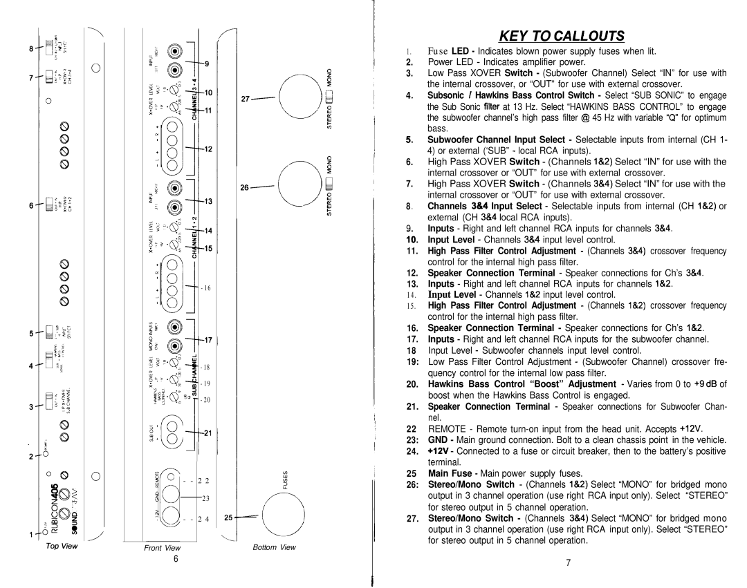 Soundstream Technologies 805, 405 owner manual KEY to Callouts 