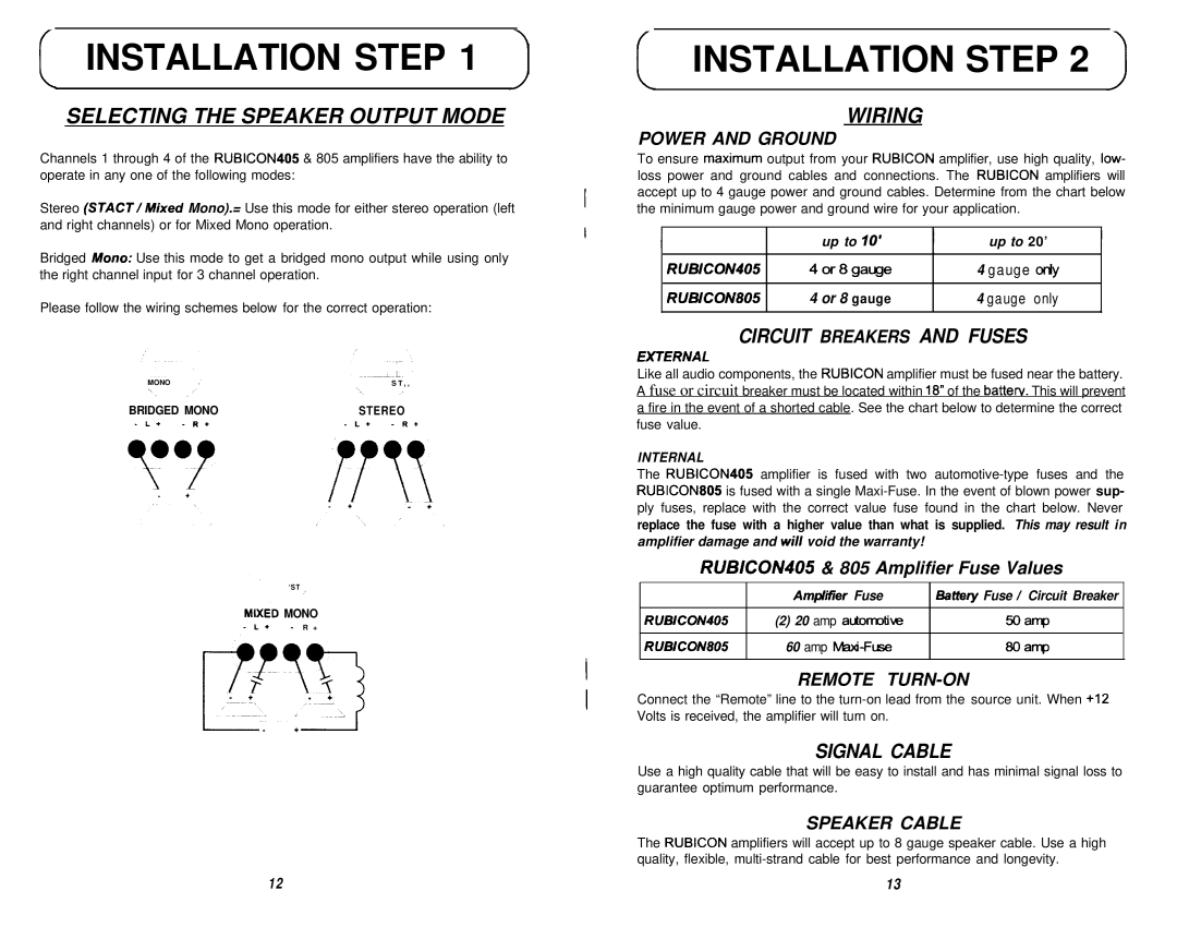 Soundstream Technologies 405, 805 owner manual Installation Step, Selecting the Speaker Output Mode Wiring 