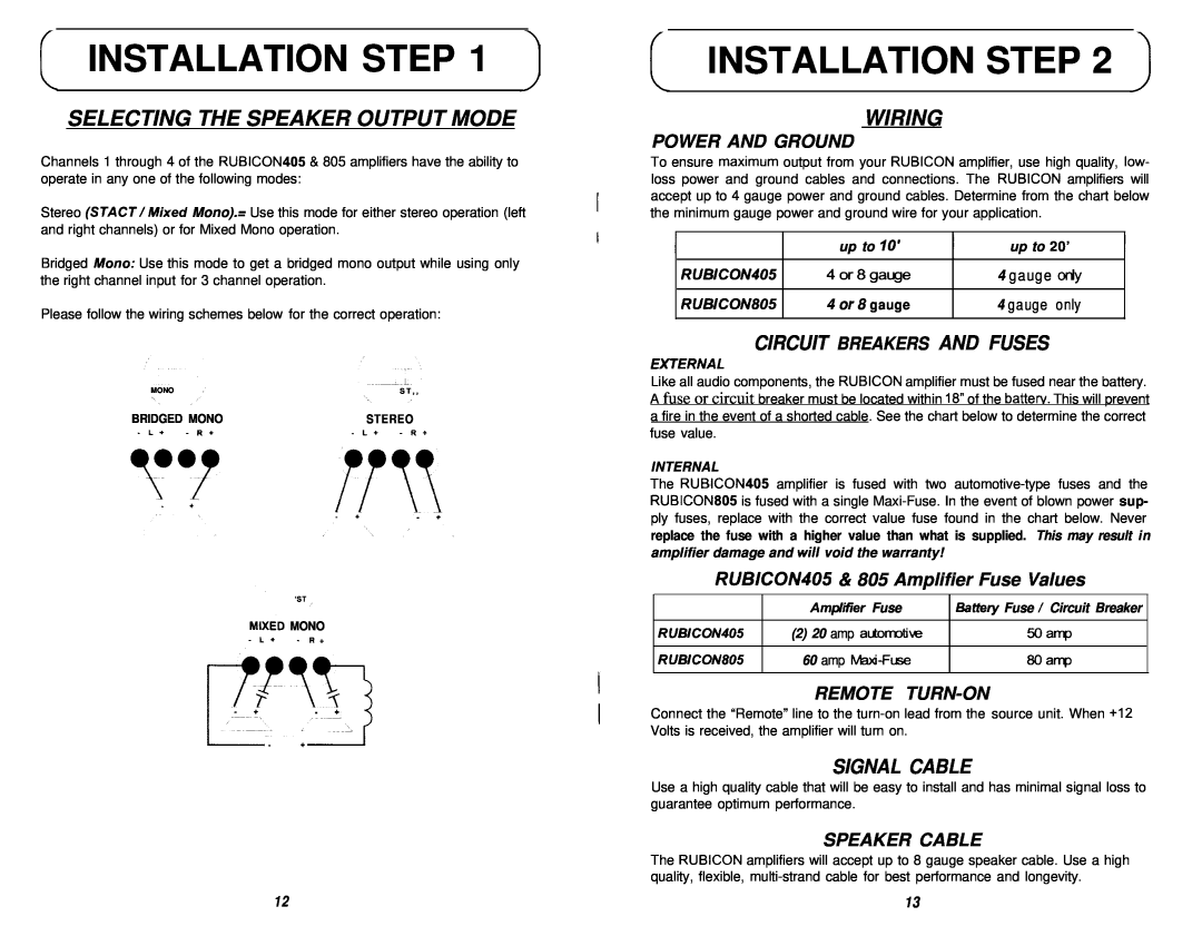 Soundstream Technologies 405, 805 Installation Step, Selecting The Speaker Output Mode, Wiring, Circuit Breakers And Fuses 