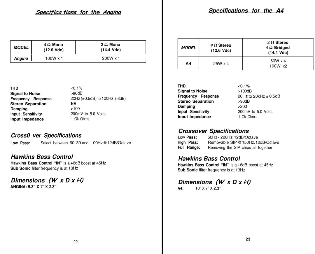 Soundstream Technologies Angina A4 SDecifica tions for the An&a, Cross0 ver Specifications, Dimensions W x D x H 