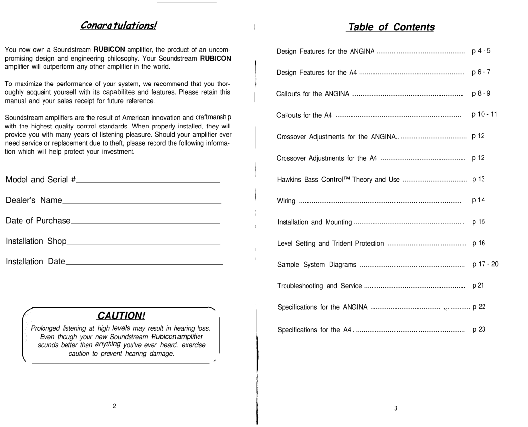 Soundstream Technologies Angina A4 owner manual Table of Contents 