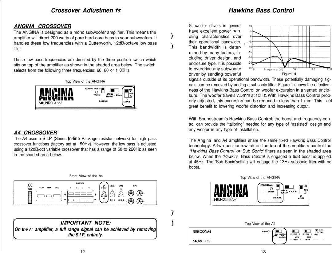 Soundstream Technologies Angina A4 owner manual Crossover Adiustmen ts, Hawkins Bass Control 