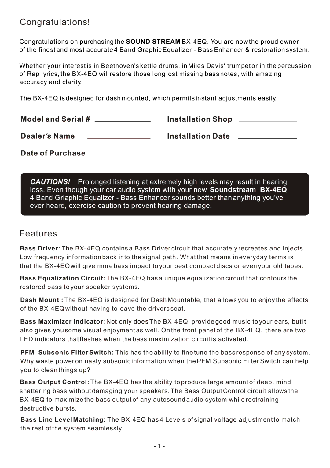 Soundstream Technologies BX-4EQ owner manual Congratulations, Features 