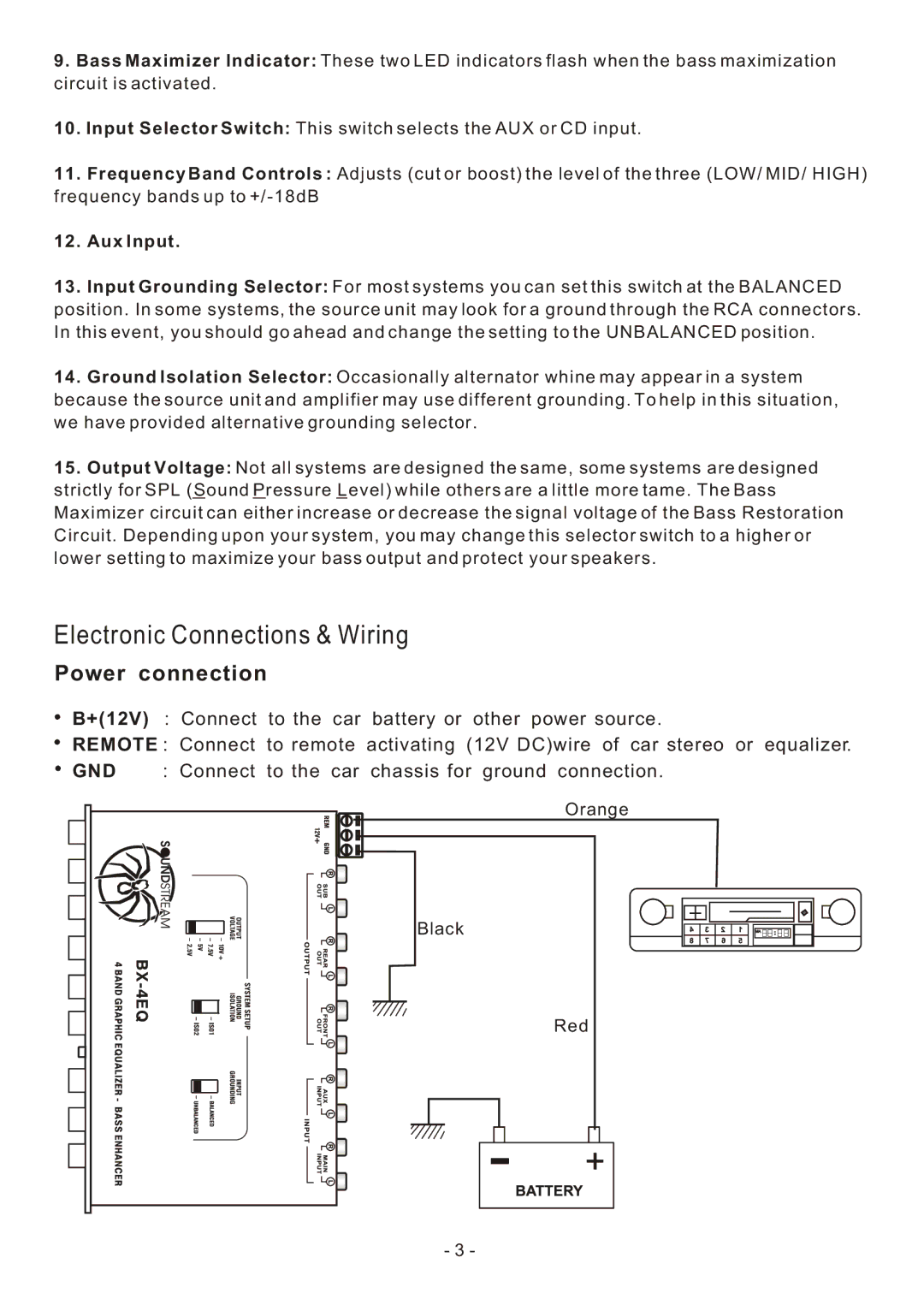 Soundstream Technologies BX-4EQ owner manual Electronic Connections & Wiring, Aux Input 