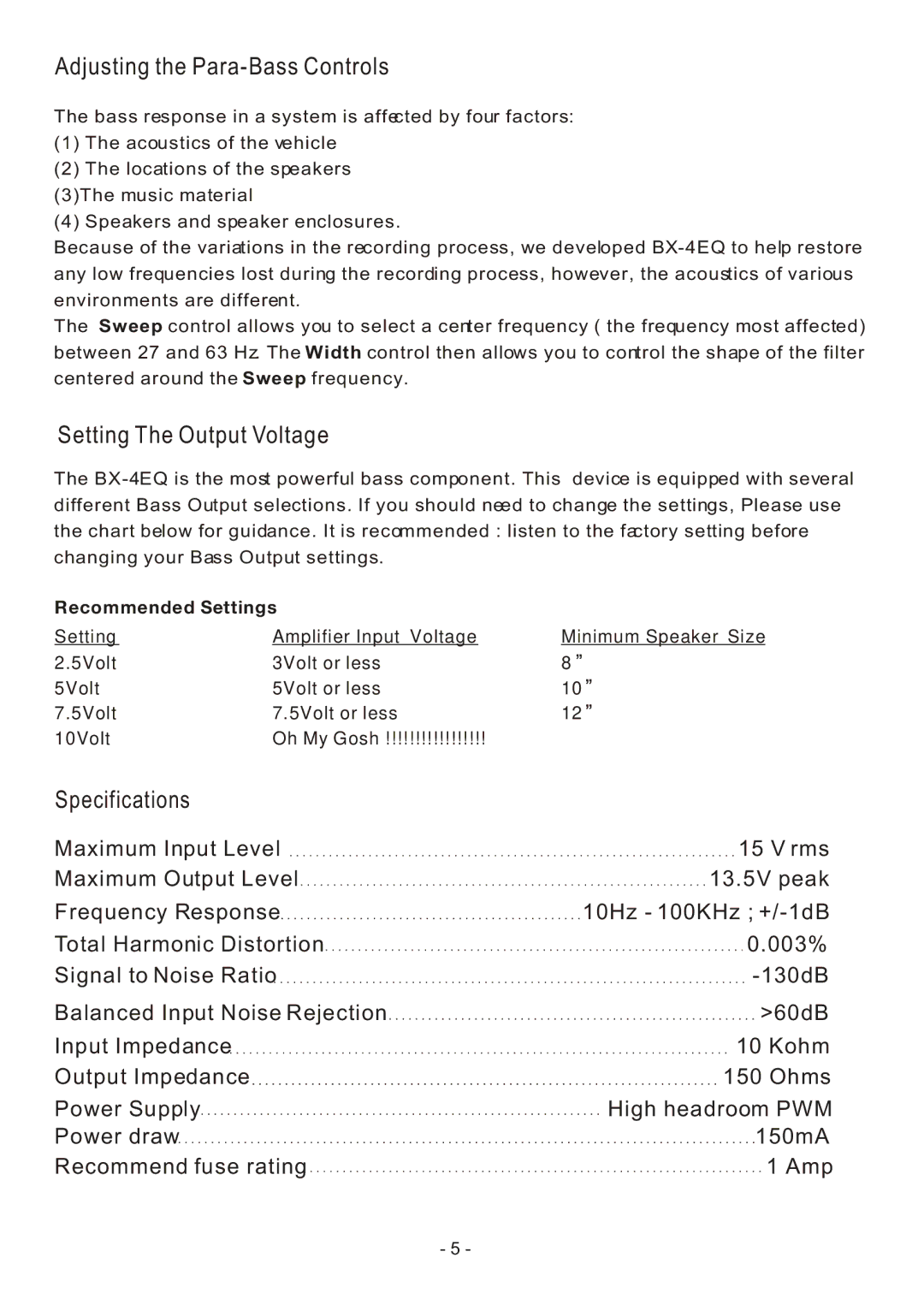 Soundstream Technologies BX-4EQ owner manual Adjusting the Para-Bass Controls, Setting The Output Voltage, Specifications 