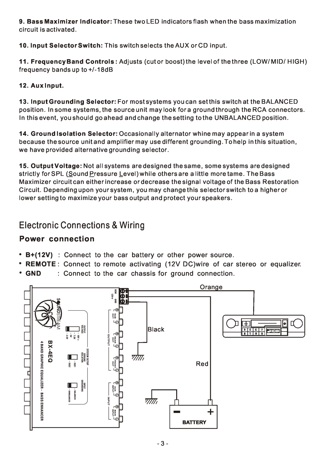 Soundstream Technologies BX-4EQ owner manual Electronic Connections & Wiring, Power connection, Aux Input 