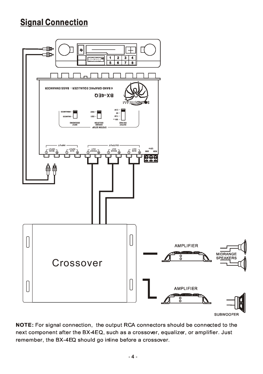 Soundstream Technologies BX-4EQ owner manual Crossover, Signal Connection, Amplifier, Midrange Speakers, Subwoofer 