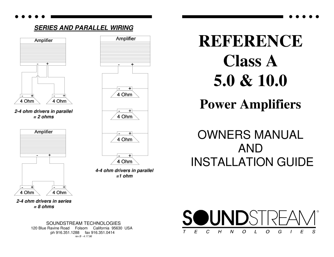 Soundstream Technologies Class A 10.0, Class A 5.0 owner manual Reference, Series and Parallel Wiring 