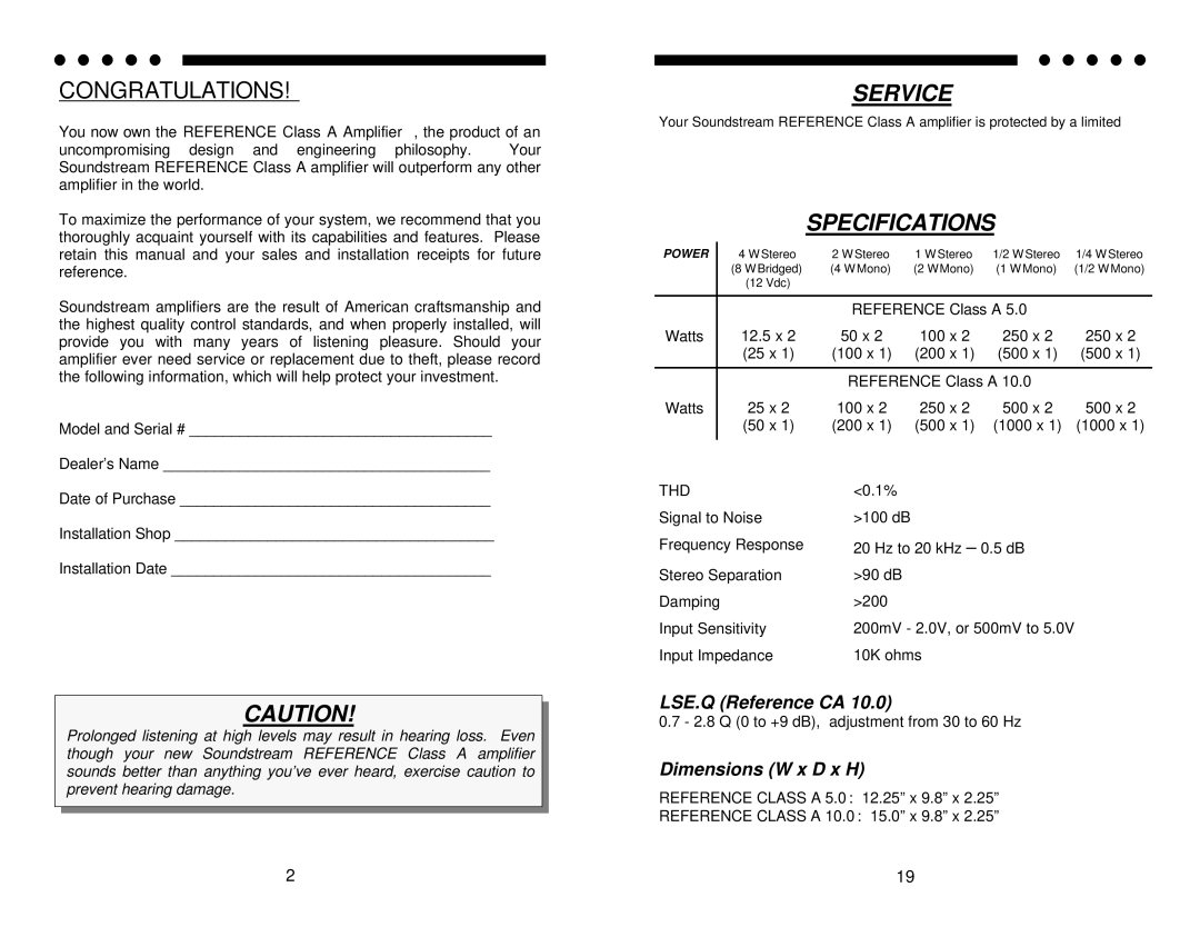 Soundstream Technologies Class A 5.0, Class A 10.0 owner manual Congratulations, Service, Specifications 