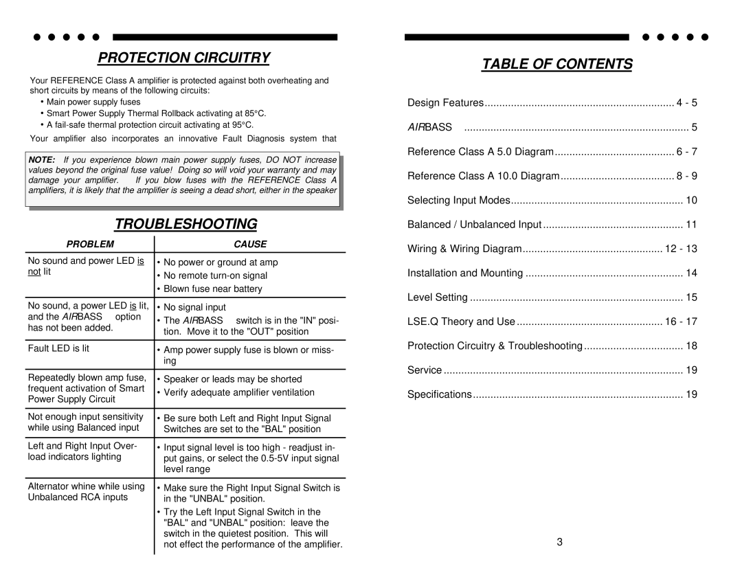 Soundstream Technologies Class A 10.0, Class A 5.0 owner manual Protection Circuitry, Troubleshooting, Table of Contents 