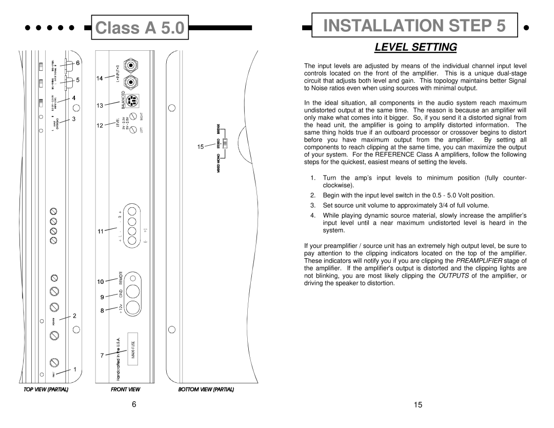 Soundstream Technologies Class A 5.0, Class A 10.0 owner manual Installation Step, Level Setting 