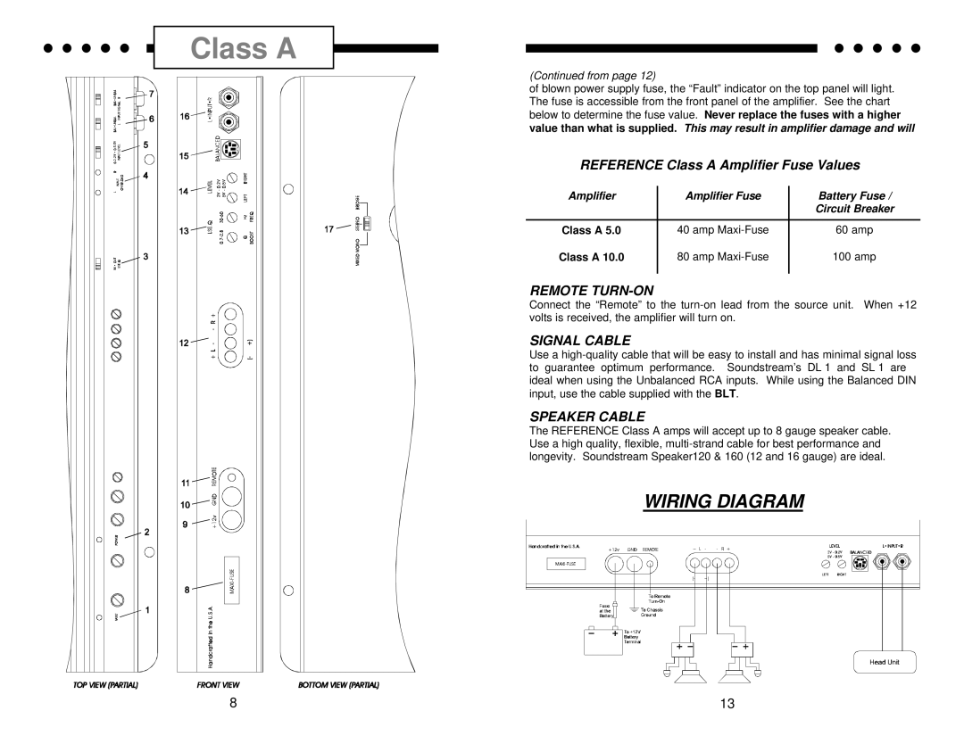 Soundstream Technologies Class A 5.0, Class A 10.0 owner manual Wiring Diagram, Remote TURN-ON, Signal Cable, Speaker Cable 