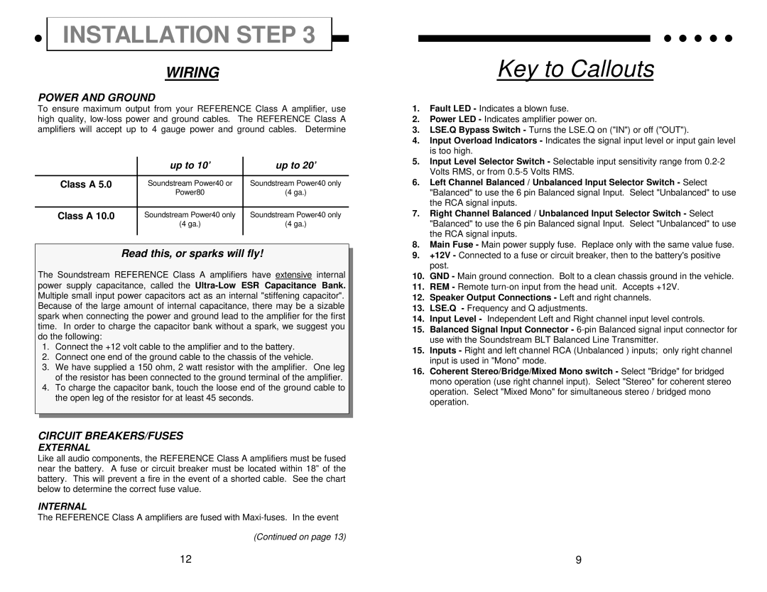 Soundstream Technologies Class A 10.0, Class A 5.0 owner manual Wiring, Power and Ground, Circuit BREAKERS/FUSES 