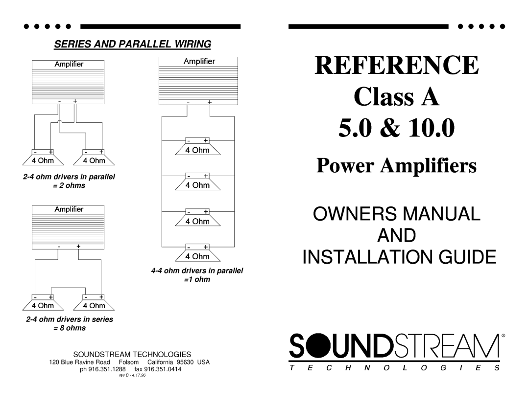 Soundstream Technologies Class A 10.0 owner manual Series And Parallel Wiring, 2-4ohm drivers in parallel = 2 ohms, rev B 