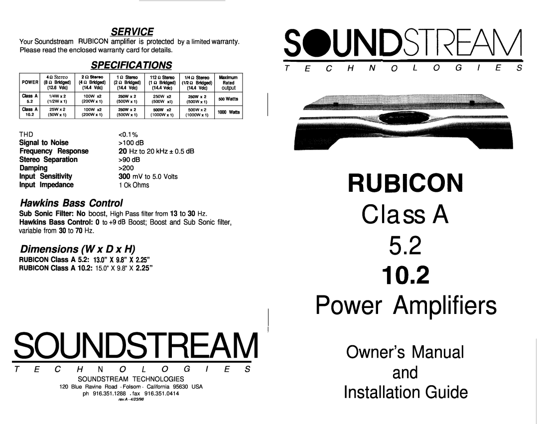 Soundstream Technologies Class A 5.2 102 dimensions Service, Hawkins Bass Control, Dimensions W x D x H, Soundstream’ 