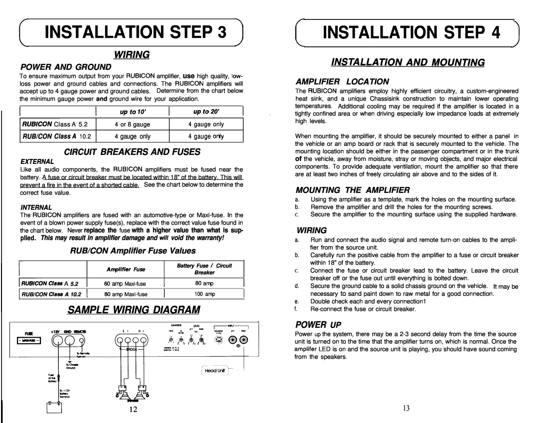 Soundstream Technologies Class A 5.2 102 Sample Wiring Diagram, Power And Ground, RUB/CON Amplifier Fuse Values, wss A 