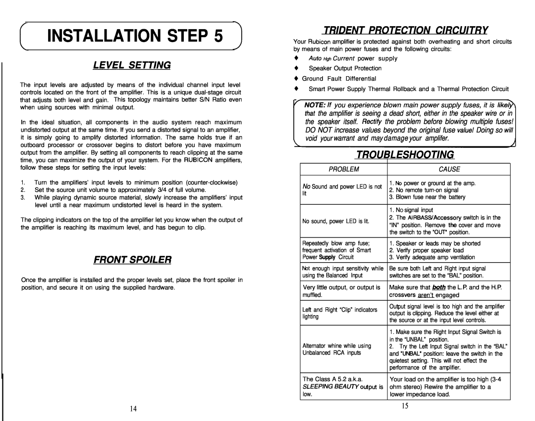 Soundstream Technologies Class A 5.2 102 Trident Protection Circuitry, Troubleshooting, Installation Step, Problem, Cause 