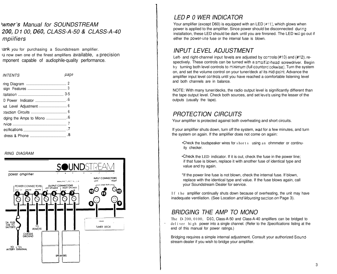 Soundstream Technologies D60 LED P 0 WER Indicator, Input Level Adjustment, Protection Circuits, Bridging the AMP to Mono 