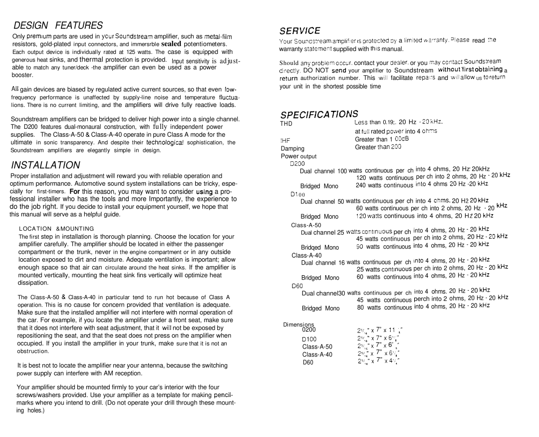 Soundstream Technologies D60 owner manual Design Features, Installation 