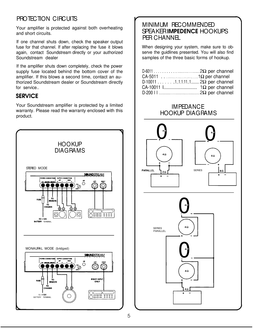 Soundstream Technologies DlOO II, D200 II, D60 II owner manual Protection Circuits, Impedance Hookup Diagrams 