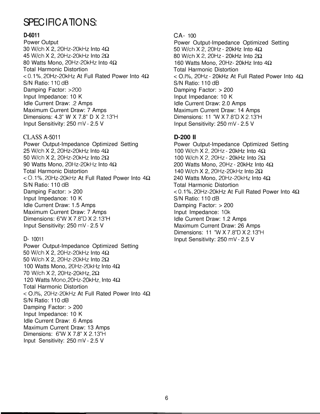 Soundstream Technologies D200 II, DlOO II, D60 II owner manual Specifications, 6011 