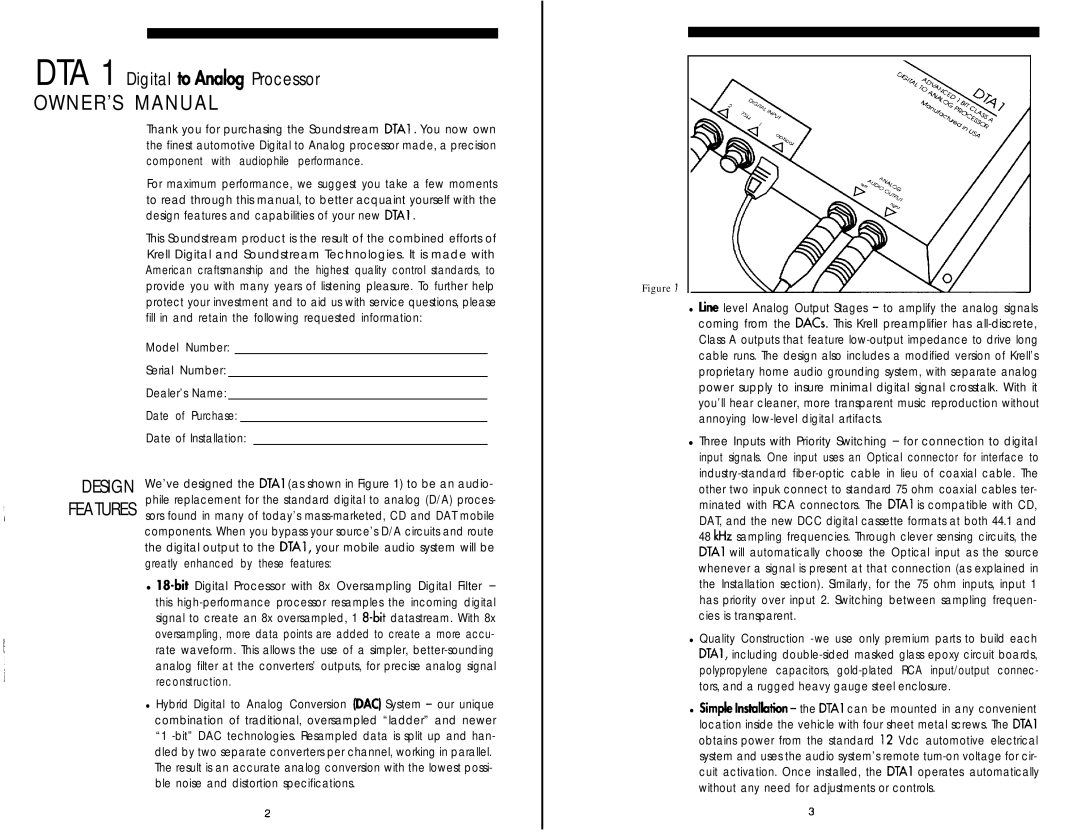 Soundstream Technologies DTA 1 owner manual Design Features 