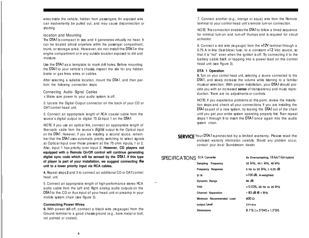 Soundstream Technologies DTA 1 owner manual Specifications D/A Converter 