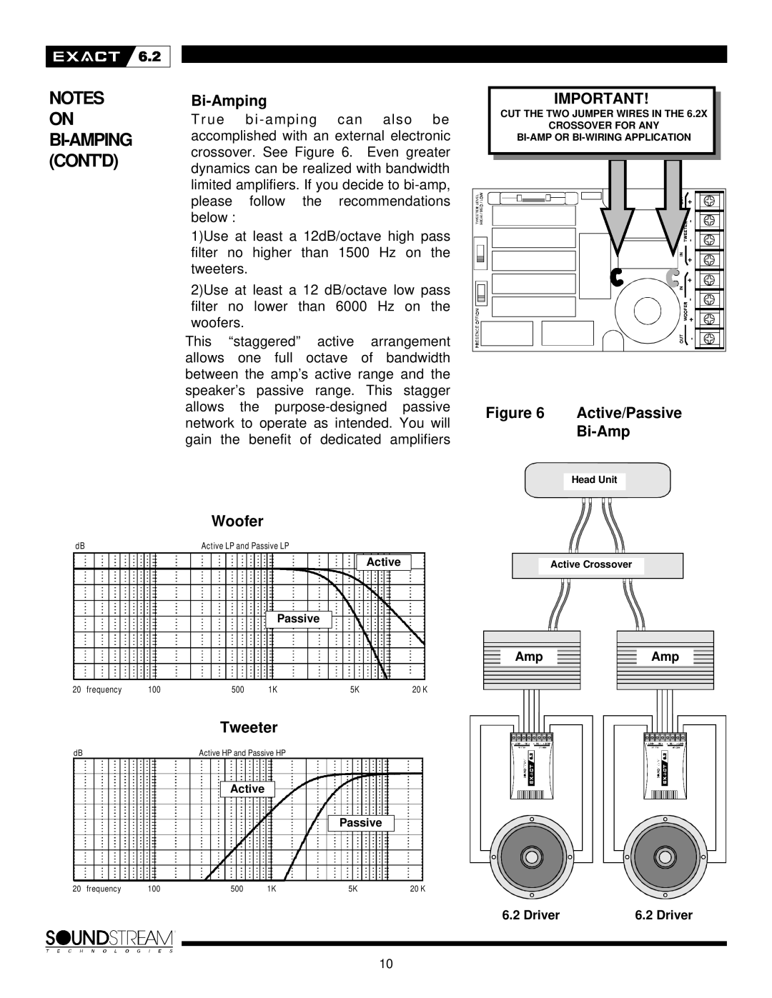 Soundstream Technologies Exact 6.2 owner manual Bi-Amping, Contd, Woofer, Tweeter 