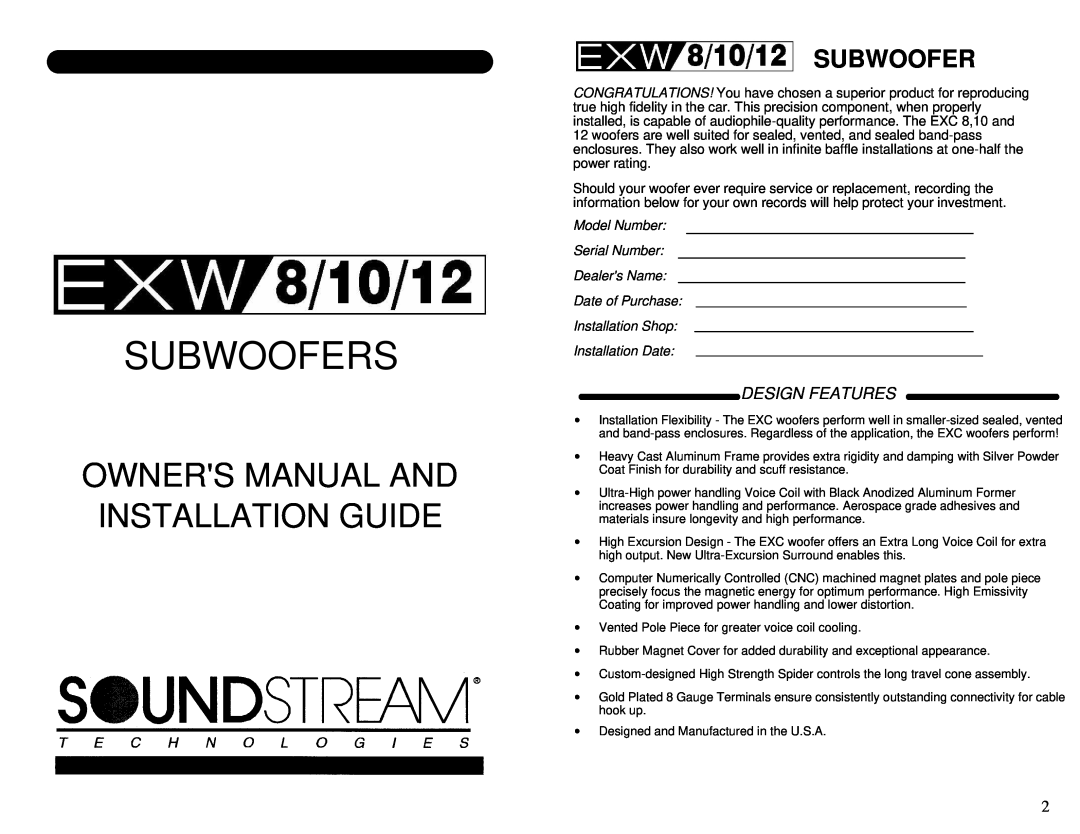 Soundstream Technologies EXC 8, EXC 10 owner manual Subwoofers, Owners Manual And Installation Guide, Design Features 