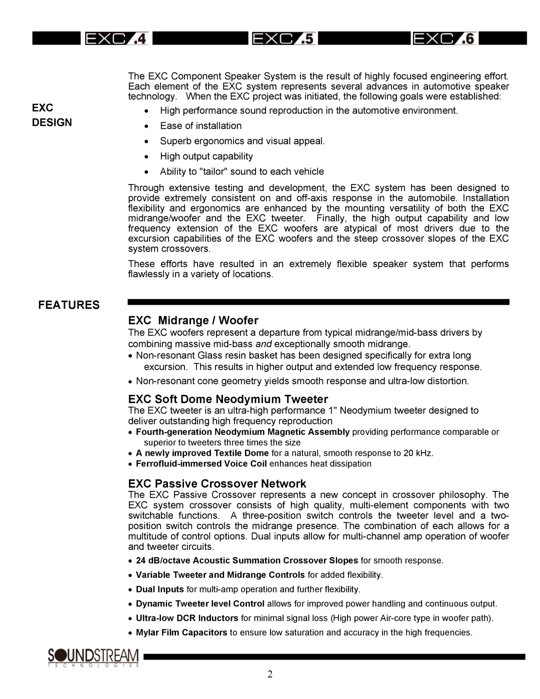 Soundstream Technologies EXC.6, EXC.4, EXC.5 owner manual Features, EXC Midrange / Woofer 