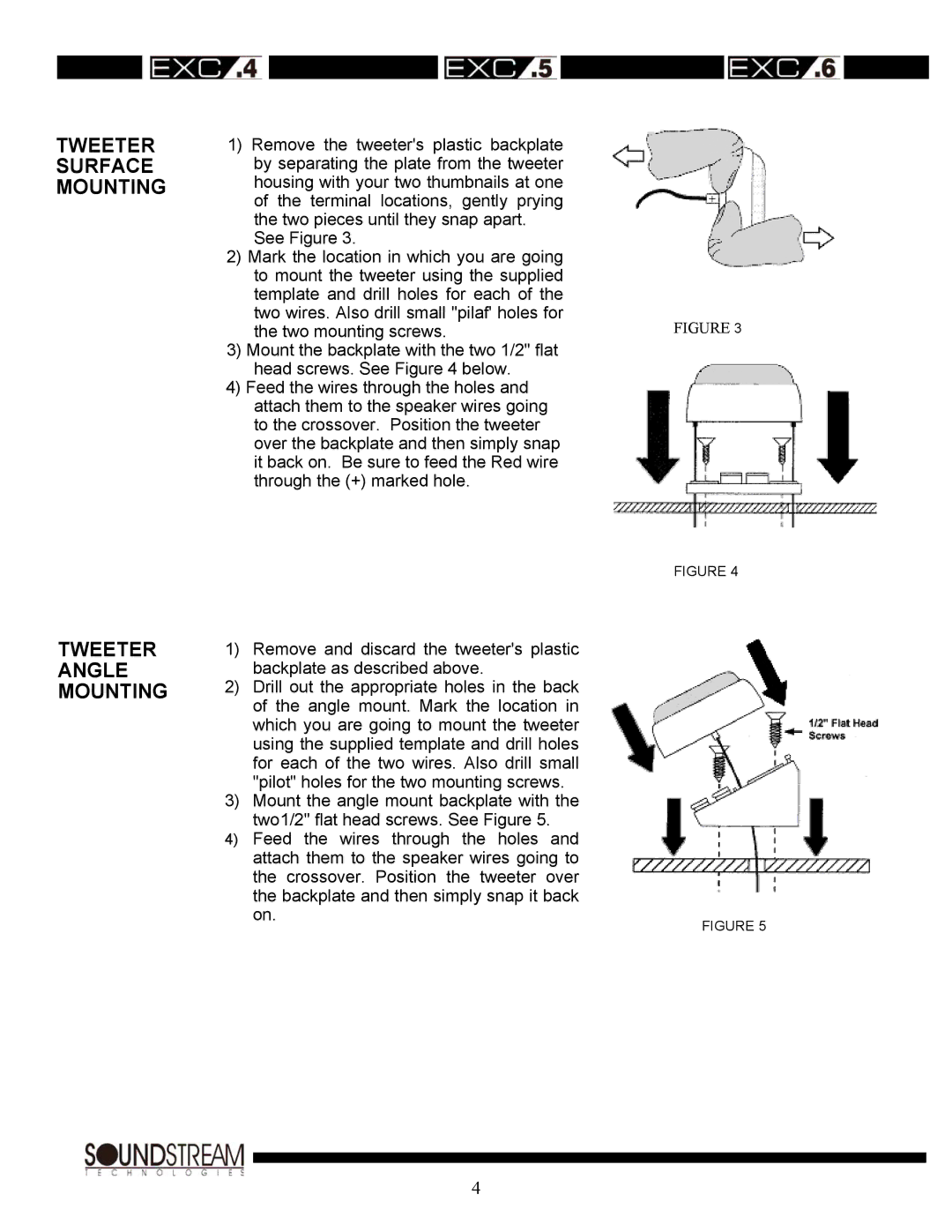 Soundstream Technologies EXC.5, EXC.6, EXC.4 owner manual Tweeter, Surface, Mounting, Angle 