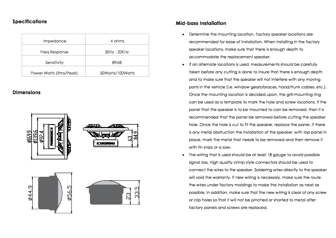Soundstream Technologies G7170 owner manual Specifications, Dimensions, Mid-bass Installation 