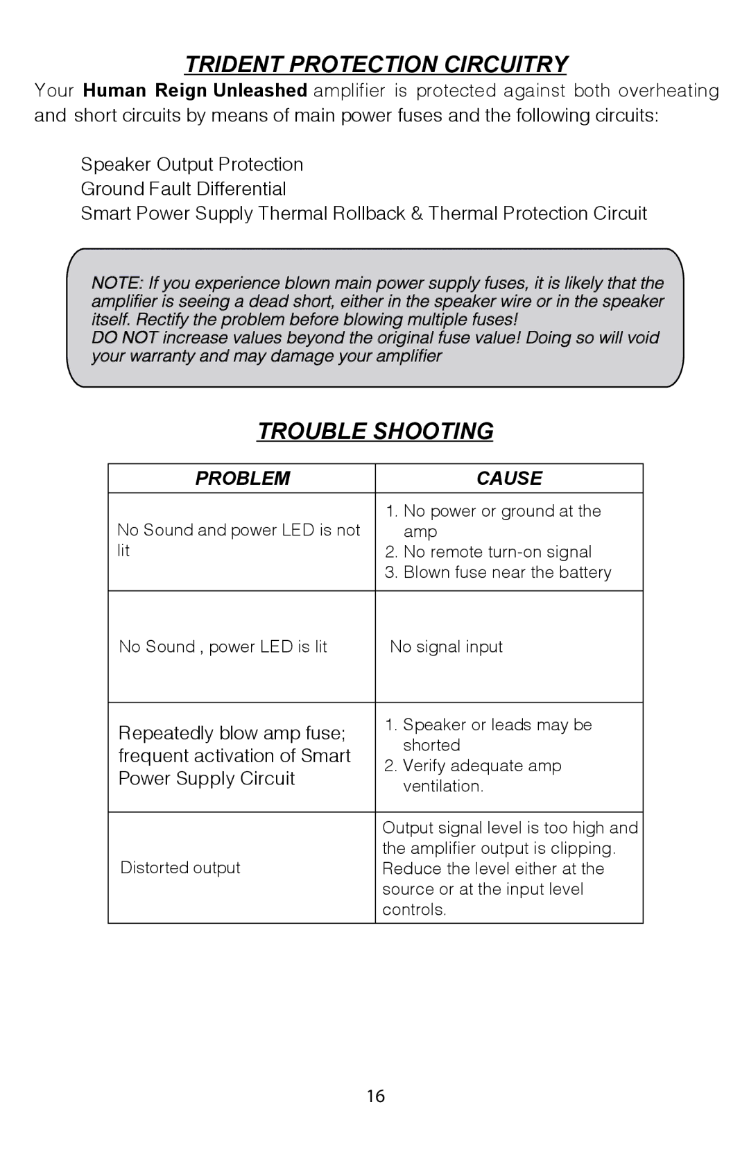 Soundstream Technologies HRU. 4, HRU. 2 owner manual Trident Protection Circuitry, Trouble Shooting 