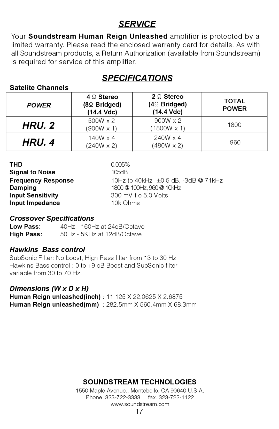 Soundstream Technologies HRU. 2, HRU. 4 owner manual Service, Specifications 