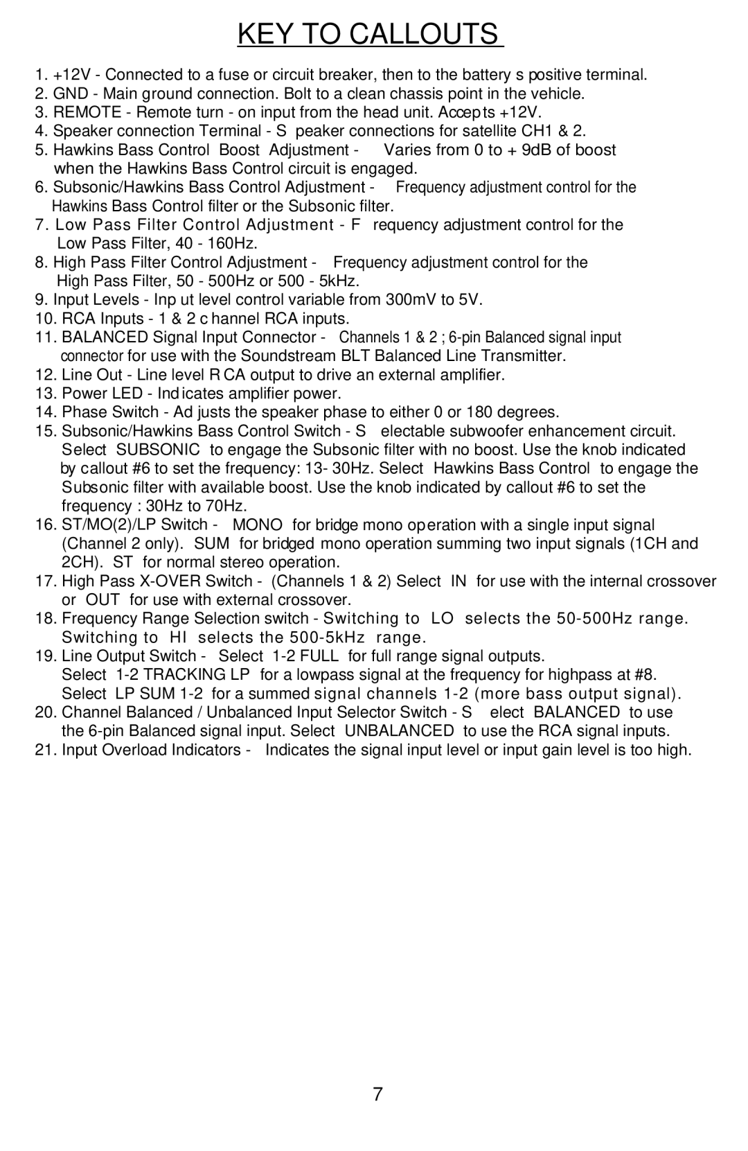 Soundstream Technologies HRU. 2, HRU. 4 owner manual KEY to Callouts 