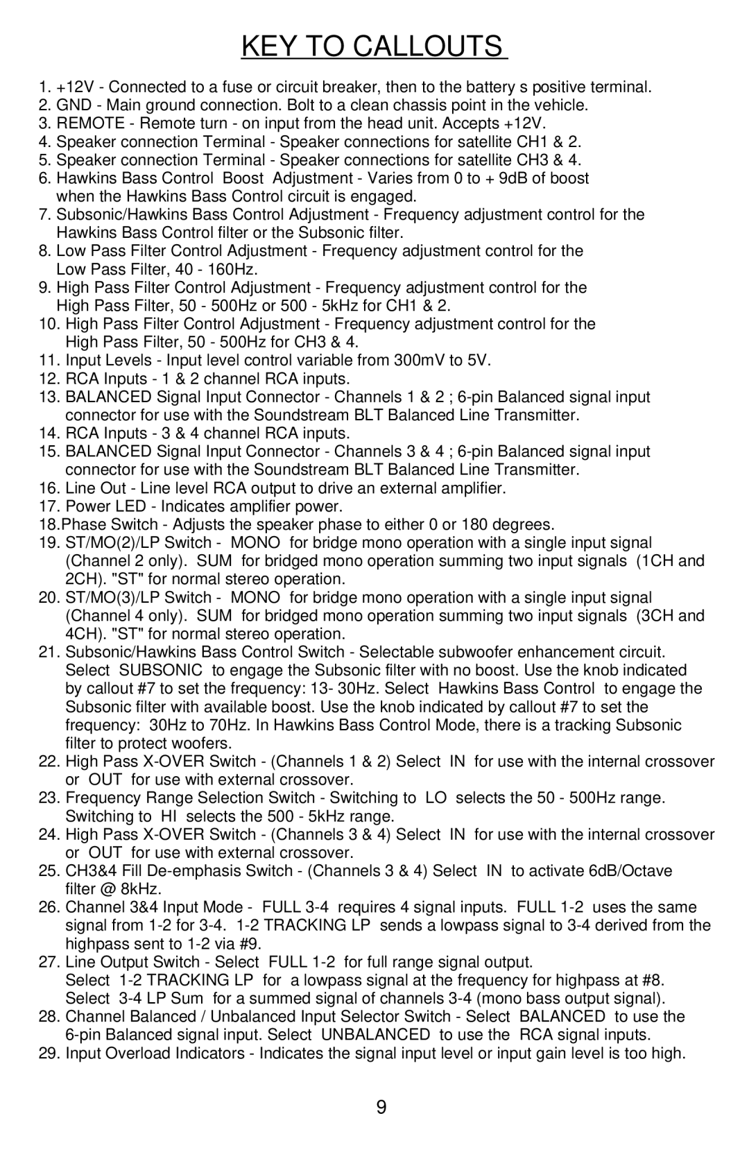 Soundstream Technologies HRU. 2, HRU. 4 owner manual KEY to Callouts 