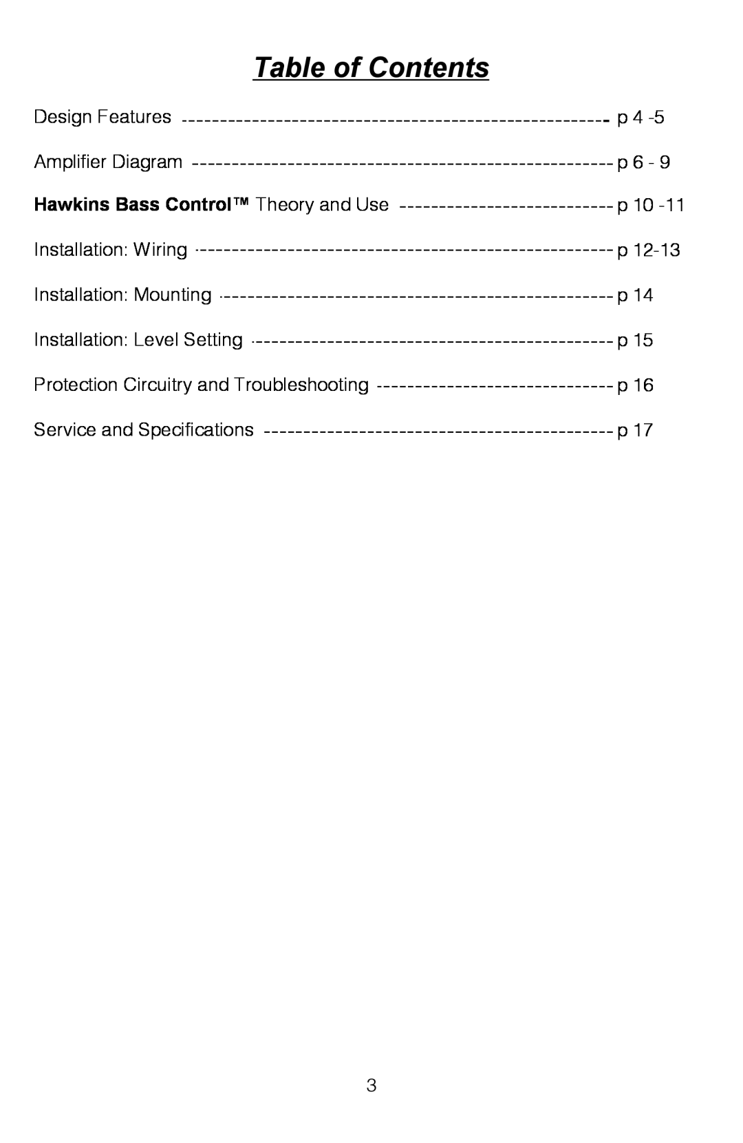 Soundstream Technologies HRU. 2, HRU. 4 owner manual Table of Contents, Hawkins Bass Control Theory and Use 