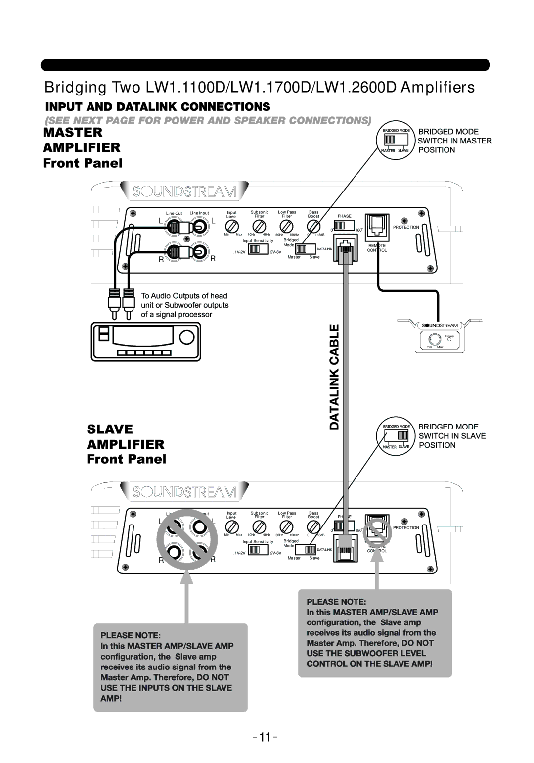 Soundstream Technologies owner manual Bridging Two LW1.1100D/LW1.1700D/LW1.2600D Amplifiers 