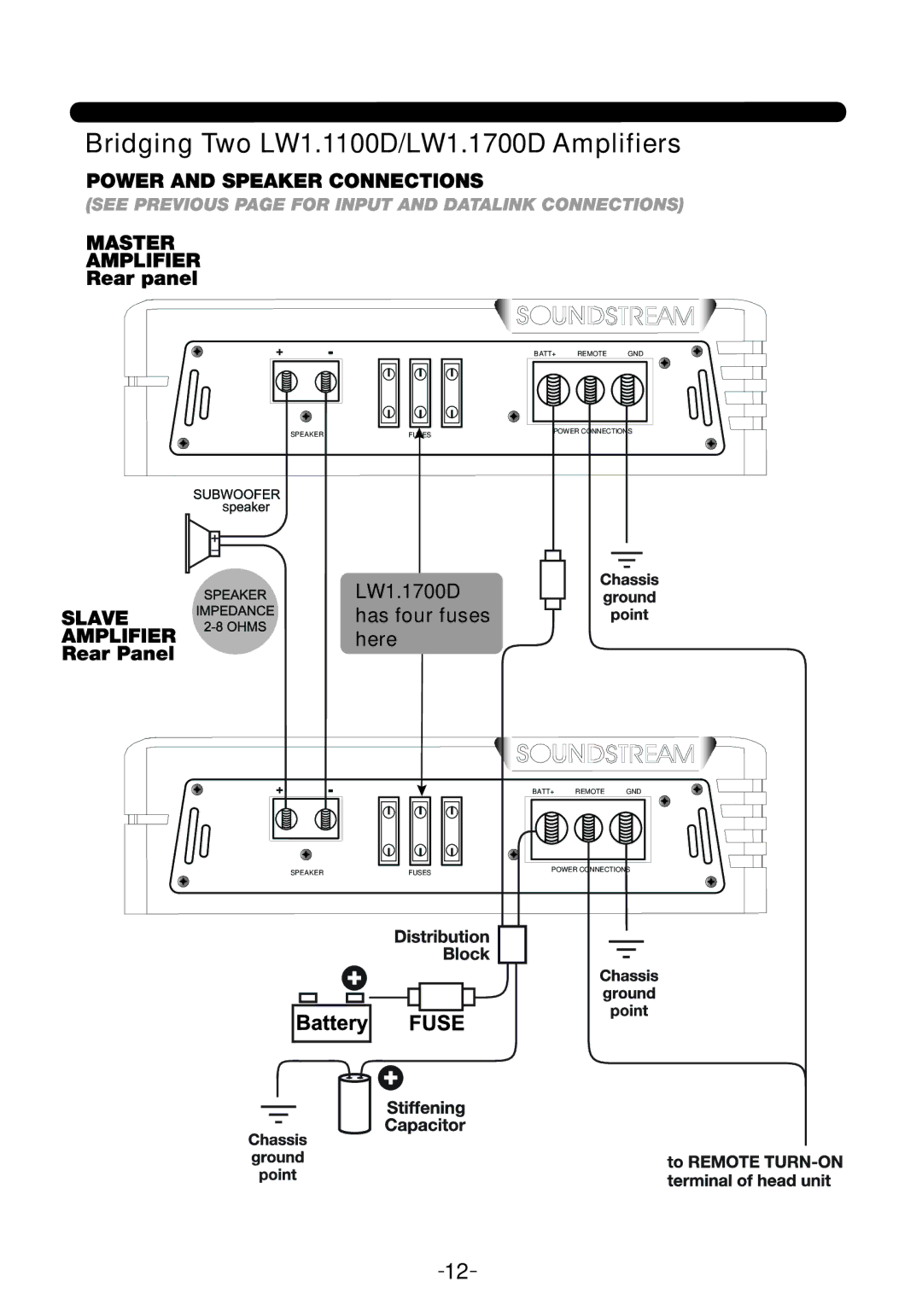 Soundstream Technologies LW1.2600D owner manual Bridging Two LW1.1100D/LW1.1700D Amplifiers 