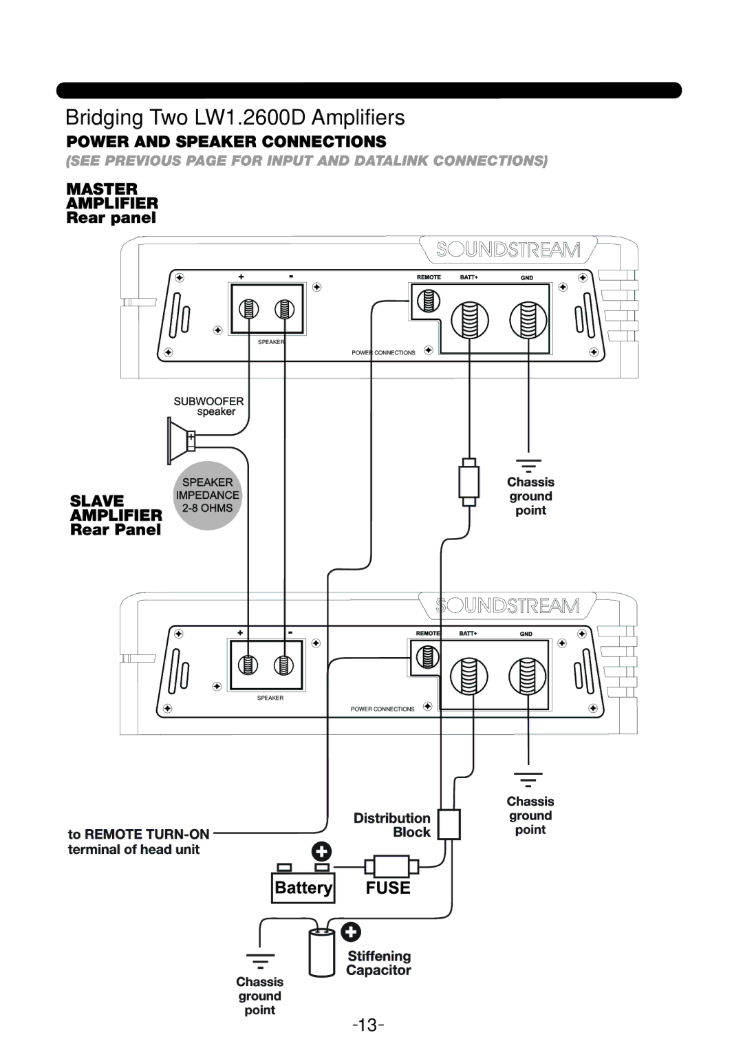 Soundstream Technologies LW1.1100D, LW1.1700D owner manual Bridging Two LW1.2600D Amplifiers 