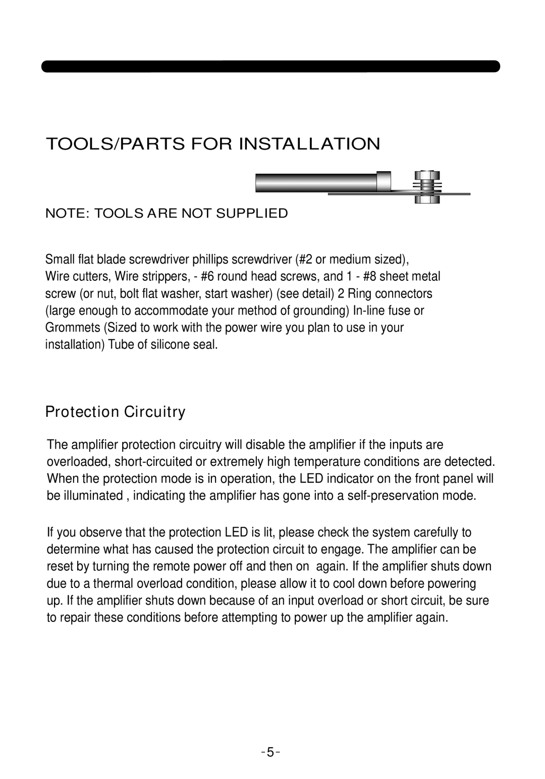 Soundstream Technologies LW1.1700D Protection Circuitry, Note Tools Are Not Supplied, Tools/Parts For Installation 