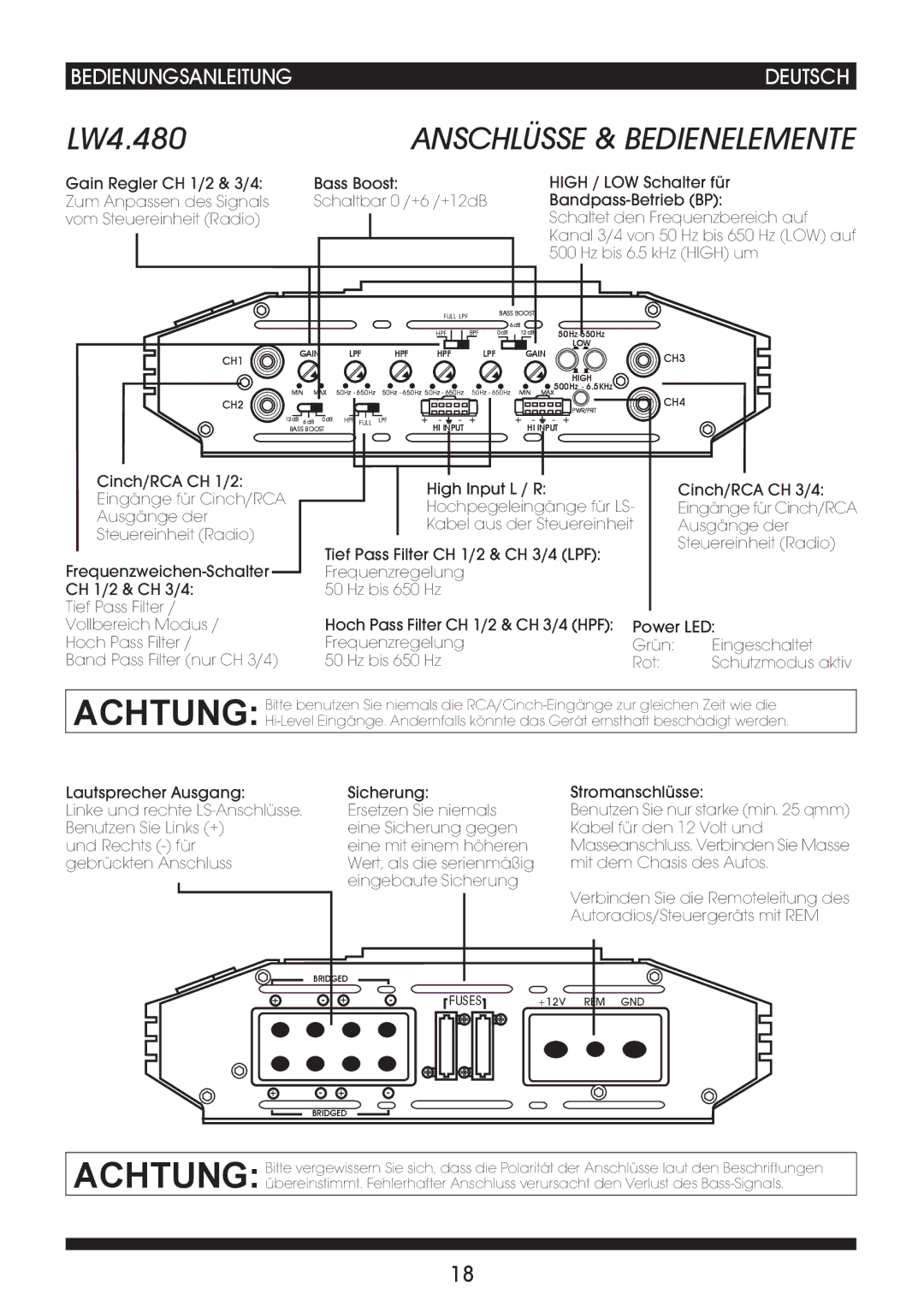 Soundstream Technologies LW2.240 owner manual Anschlüsse & Bedienelemente 