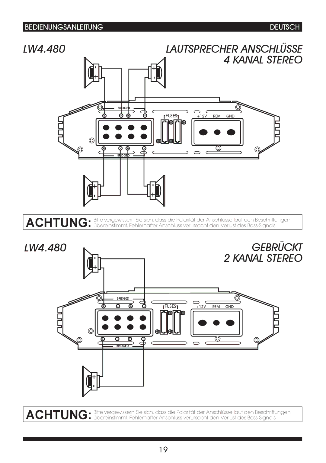 Soundstream Technologies LW2.240 owner manual Gebrückt 2 Kanal Stereo 